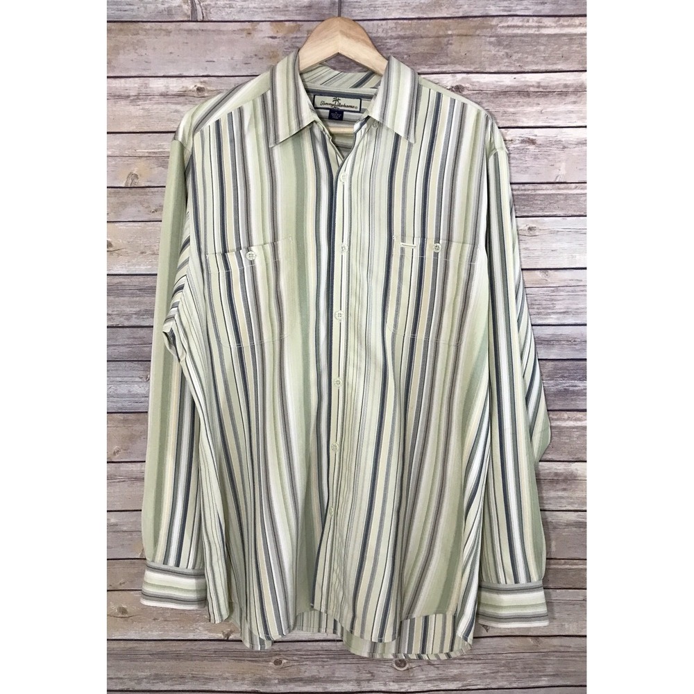 TOMMY BAHAMA Mens Striped Green Yellow  100% Silk Long Sleeve Button Shirt L - Picture 2 of 5